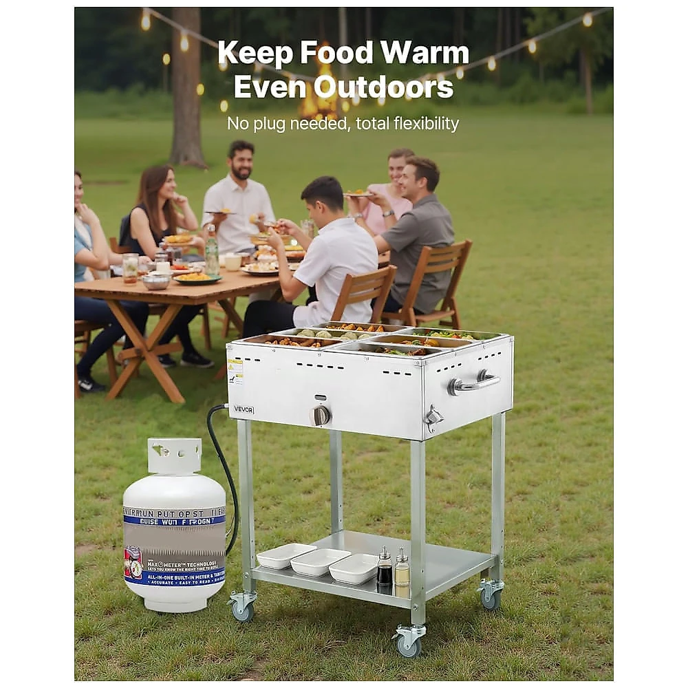 Mesa Aquecedora a Gás VEVOR GBW-6 6 Cubas Inox Válvula de Dreno Rodas Travamento Externo