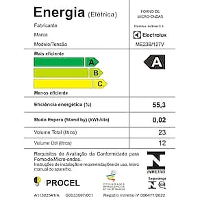Micro-ondas Electrolux Efficient ME23B Função Manter Aquecido Desidratar Branco 23L 110V