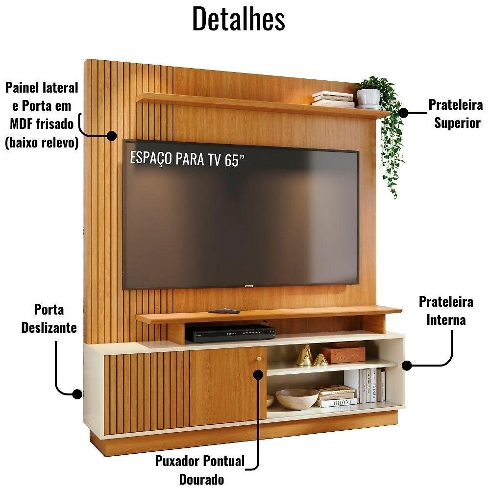 Miniatura Estante Home Para Tv 65 Polegadas Ares Cinamomo Off White Madetec