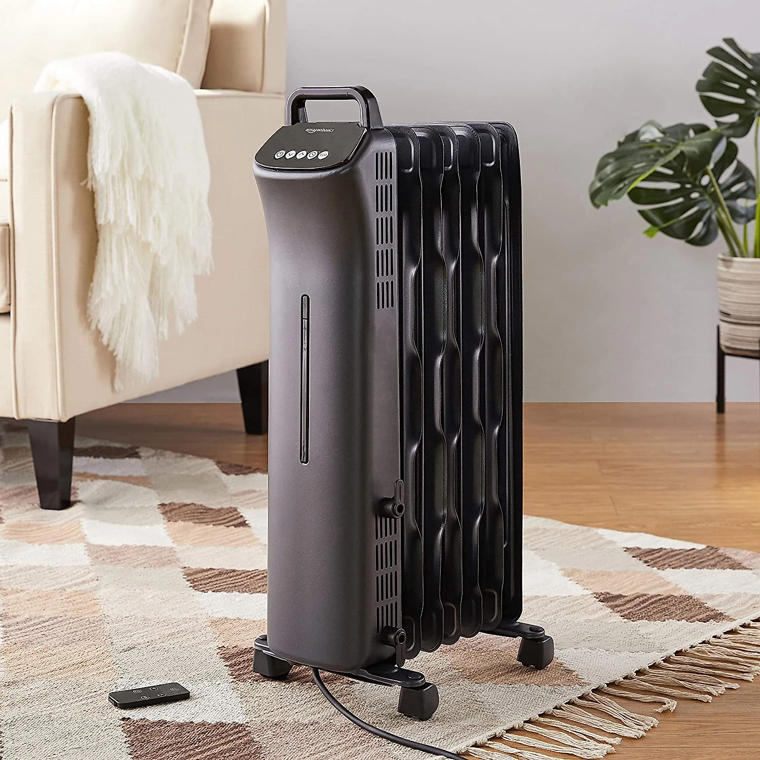 Amazon Basics Portable Digital Radiator Heater with 7 Wavy Fins and Remote Control Black 1500W
