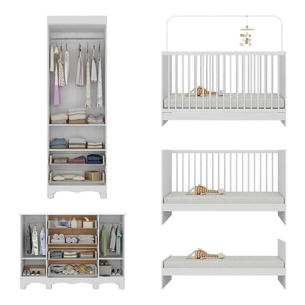 Quarto De Bebê Completo Com Berço 3 Em 1 Com Colchão Incluso Aurora Multimóveis MP4580 Branco
