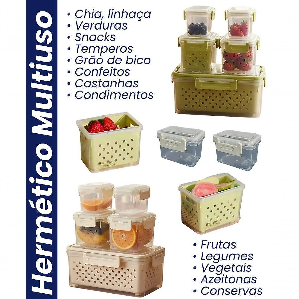 Conjunto 5 Potes Herméticos Translúcido com Cesto Escorredor Bpa Free Top Rio Comercial