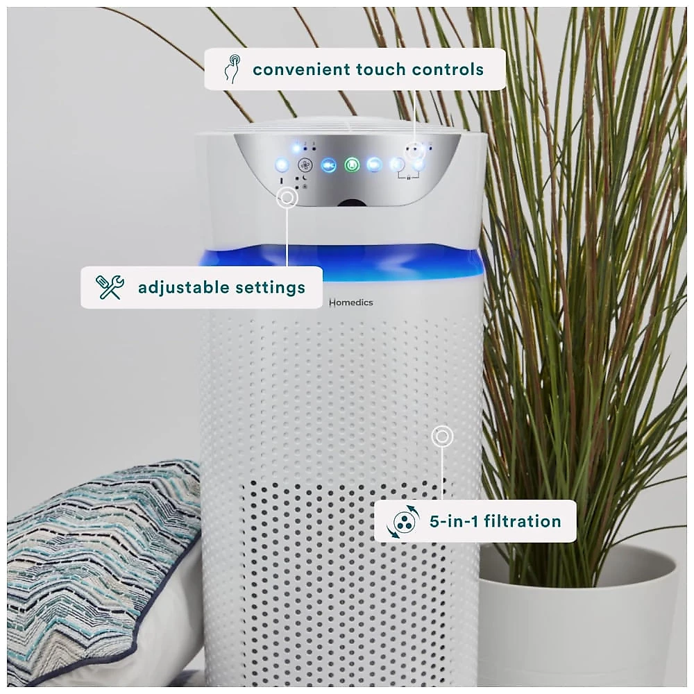 Purificador de Ar Homedics 5 em 1 com Filtro HEPA para 154m², Ideal para Ambientes Grandes com Aromaterapia