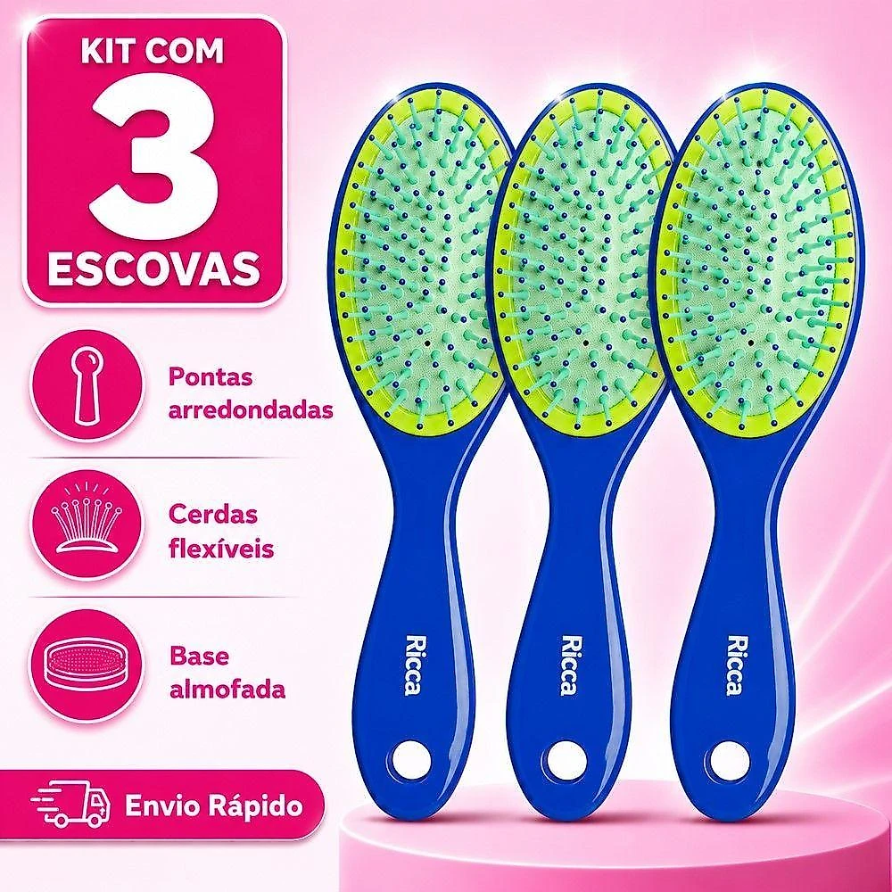 Escova Desembaraçante Midi Colors com Cerdas Flexíveis Kit 3 Azul Ricca