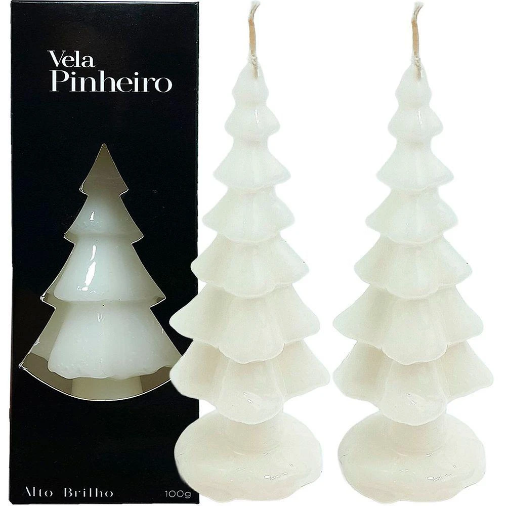 Velas Decorativas Natalinas Velas Natalinas Pinheiro Texturizado Tronco e Galhos Branco Kit 6 20cm