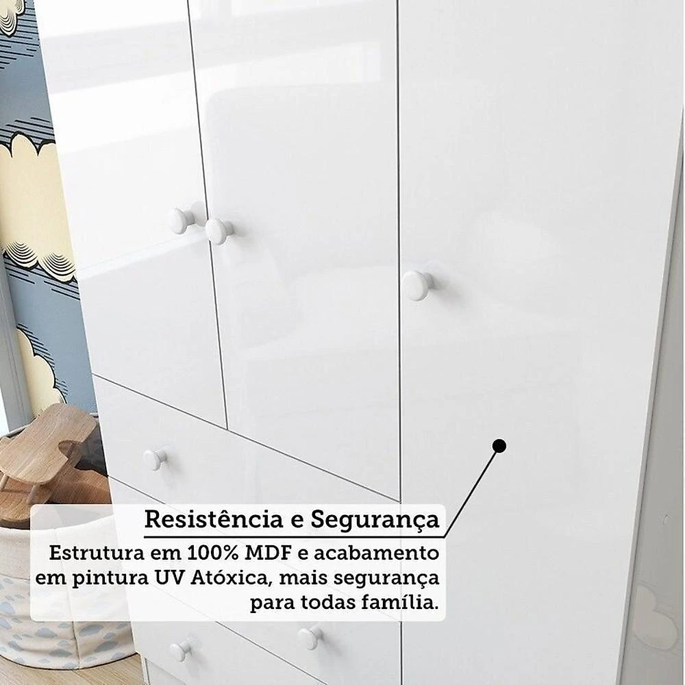 Quarto de Bebê com Guarda-roupa 3 Portas Cômoda e Berço 4em1 Minicama 100% Mdf Mike Espresso Móveis Branco Brilho/Amêndoa