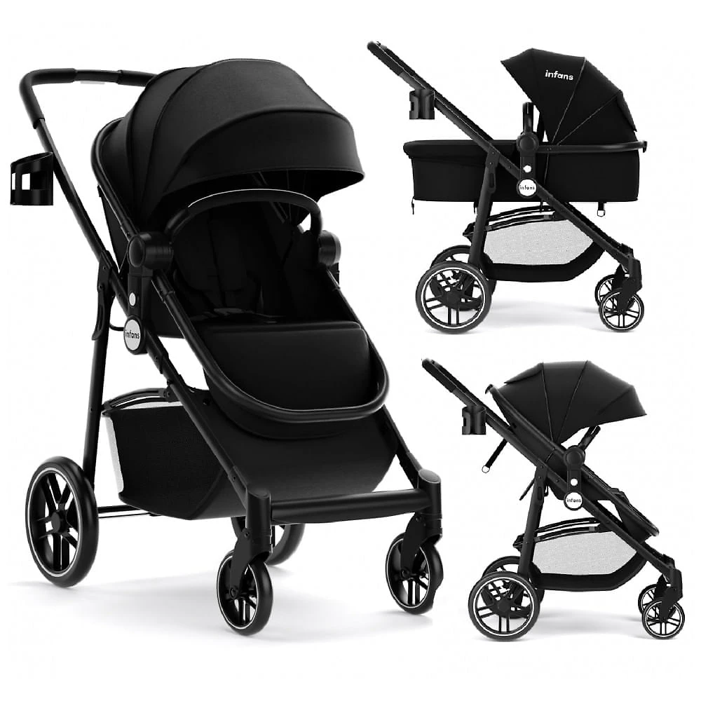Carrinho de Bebê INFANS 2-em-1 Preto com Bassinet Reversível Paisagem Alta