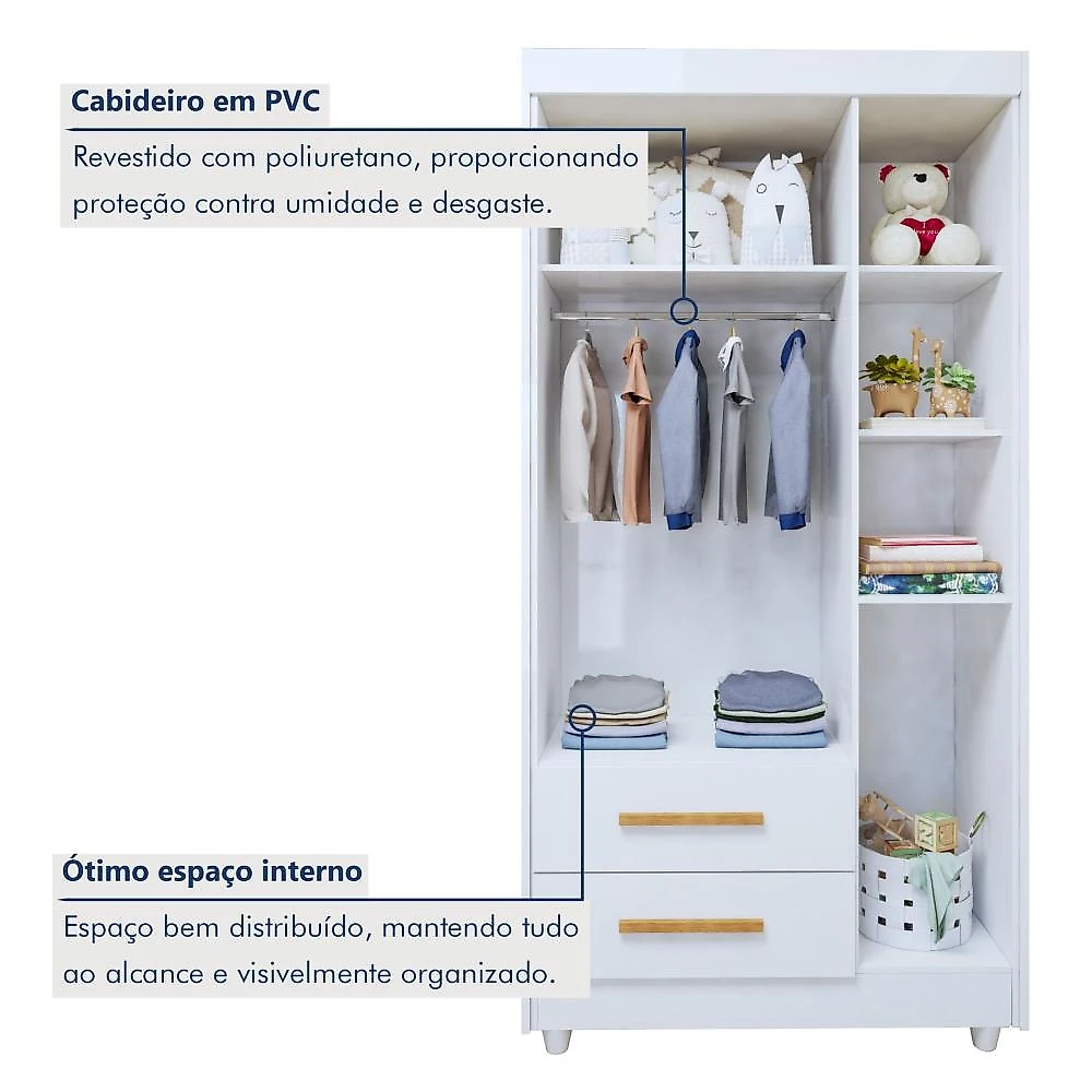Quarto de Bebê Completo com Cômoda, Mini Berço com Colchão e Guarda Roupas Lila Branco