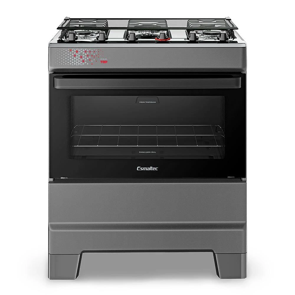 Fogão A Gás Mesa Inox Tampa De Vidro Forno 84L Esmaltec Ideal Top Titanium 5 Bocas Bivolt
