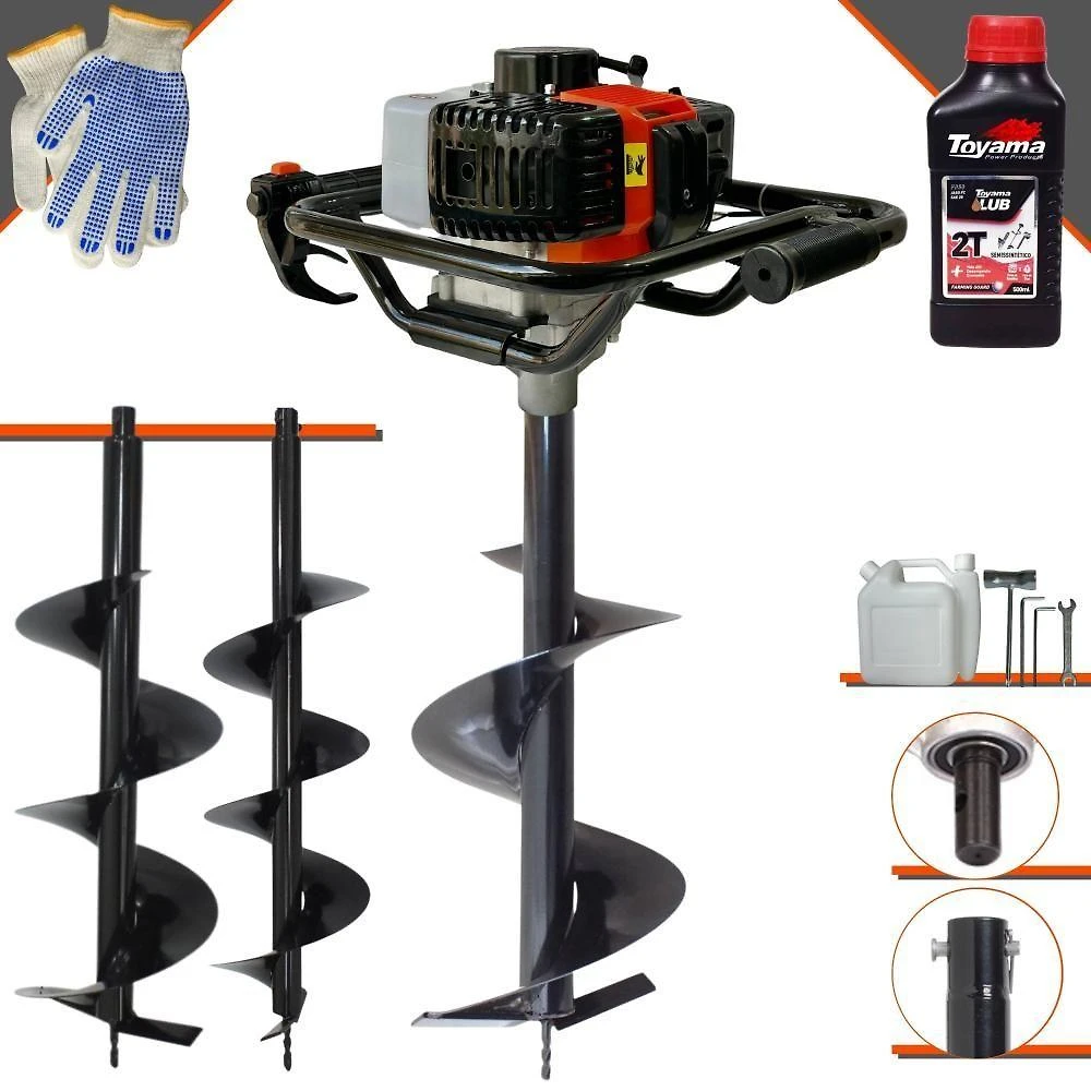 Perfurador de Solo VPS52 com Motor a Gasolina 52CC 2HP Laranja Toyama com Brocas e Óleo 500ML