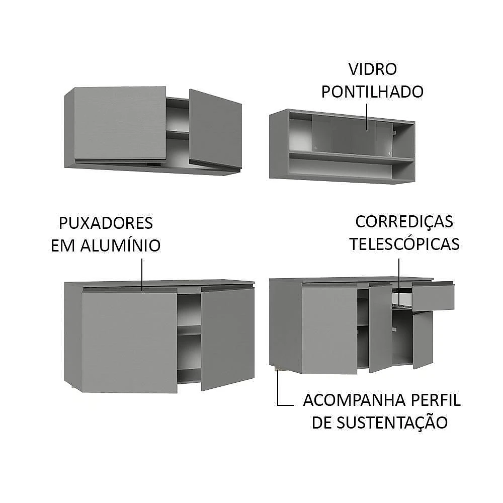 Armário De Cozinha Completa Suspenso 240Cm Cinza