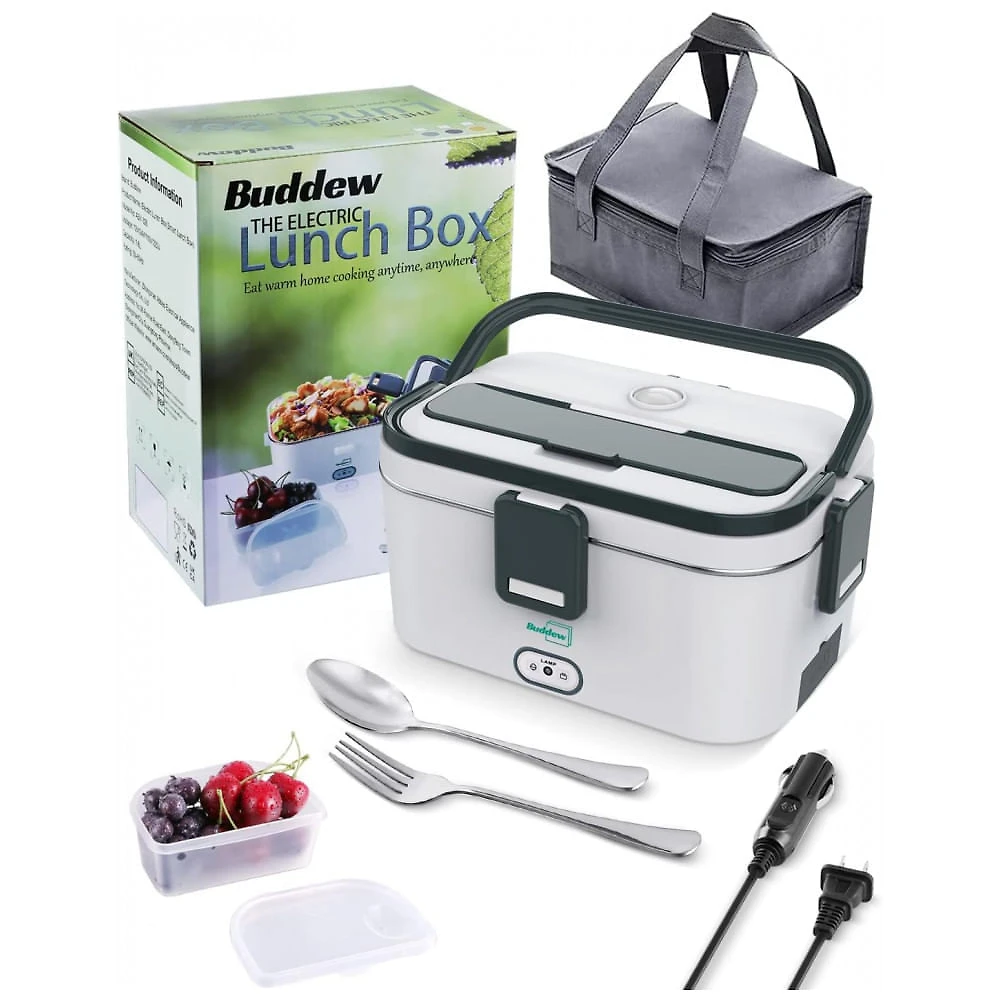 Marmita Elétrica Portátil 1,8L com Garfo, Colher e Bolsa para Transporte, 12V bivolt 70W, Buddew, Cinza e Verde