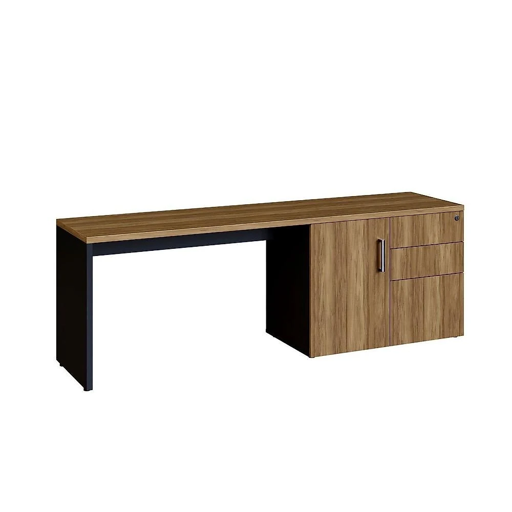 Mesa para Escritório 160cm com Balcão Lateral Porta e 3 Gavetas com Chave Industrial Executive Nogal / Preto