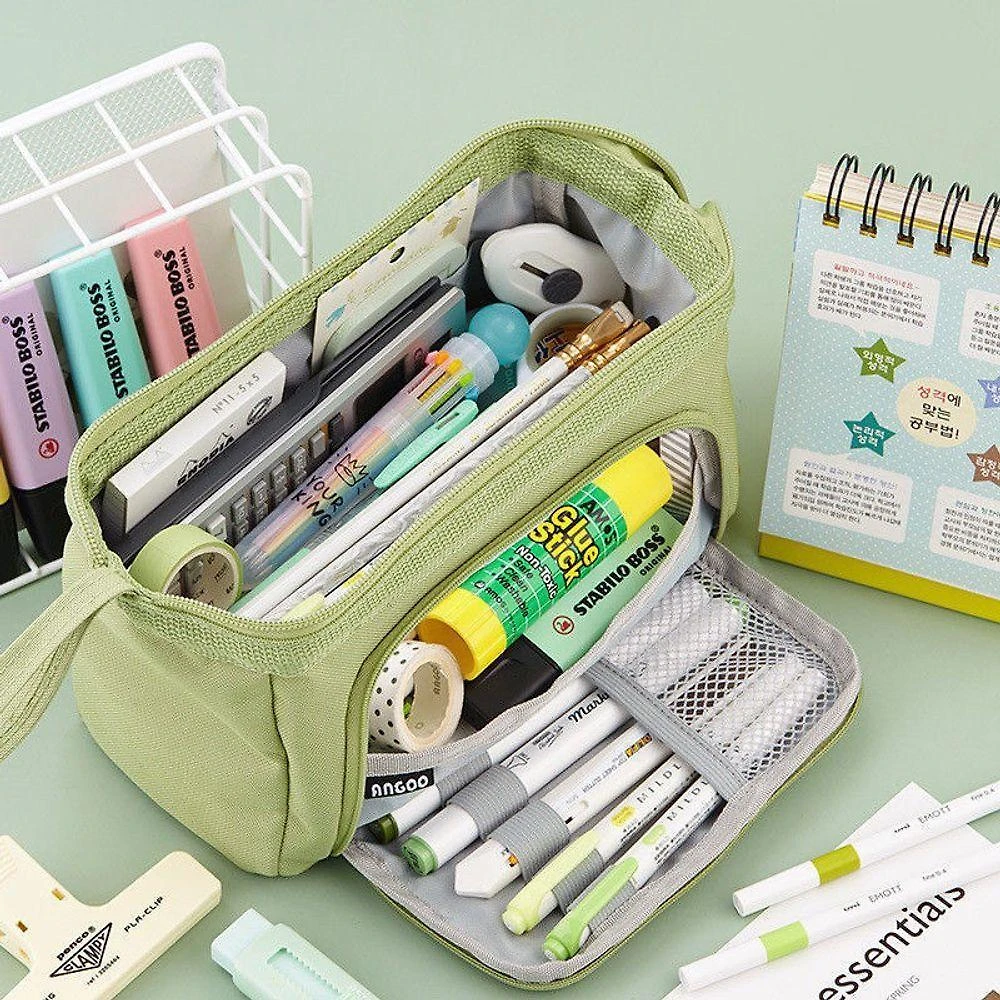 Estojo para Lápis e Canetas OEM de Papelaria em Lona Grande Capacidade 22cmx13cmx9cm Verde