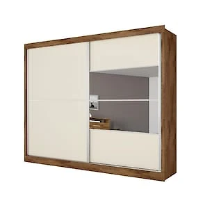 Miniatura Guarda-Roupa Casal Móveis Europa Londres Flex com Espelho, 2 Portas de Correr e 4 Gavetas - 205cm de largura Brauna/Off White
