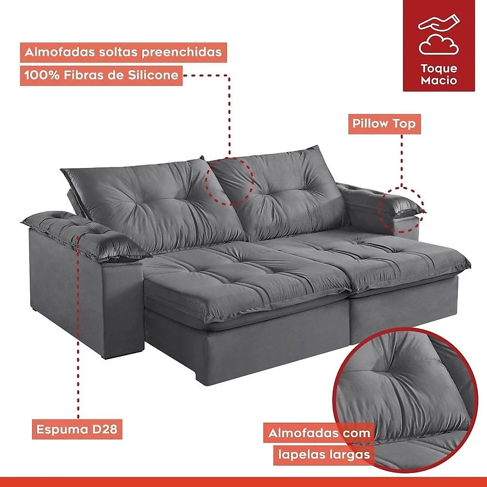 Sofá Retrátil e Reclinável Modulado 2 Lugares 210cm Pés em Madeira Maciça Canadá Sofá Retrátil e Reclinável 210cm M164 Veludo/Cinza Escuro