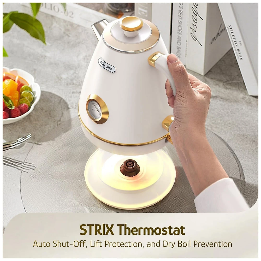 Chaleira elétrica retrô Hazel Quinn 1,7 L inox com termômetro, 1200W, desligamento automático, 110V, branco perolado