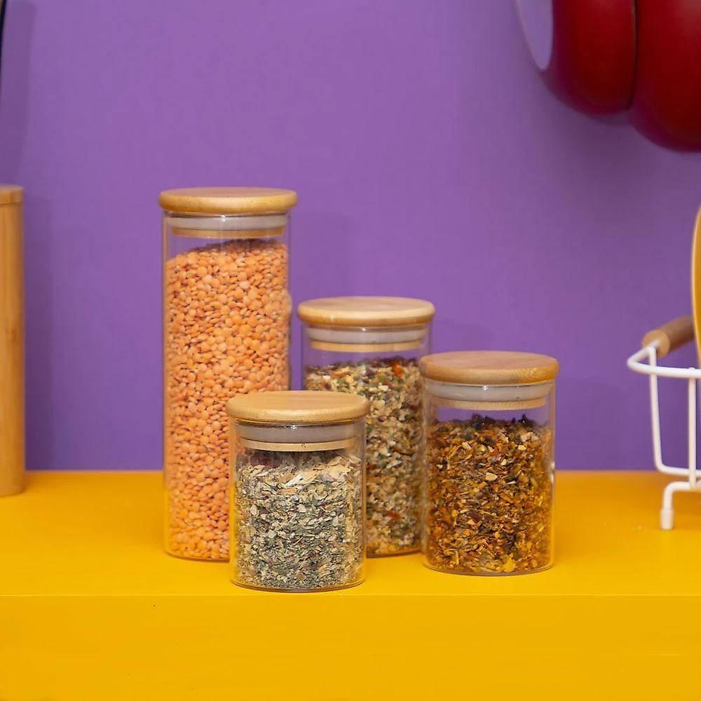 Kit 4 Potes de Vidro Hermeticos Tampa de Bambu para Especiarias Graos Alimentos Secos Bege Tudo
