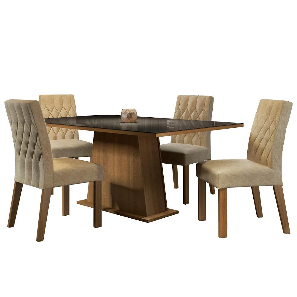 Conjunto sala de jantar madesa grazi mesa tampo de vidro com 4 cadeiras - rustic/preto/imperial