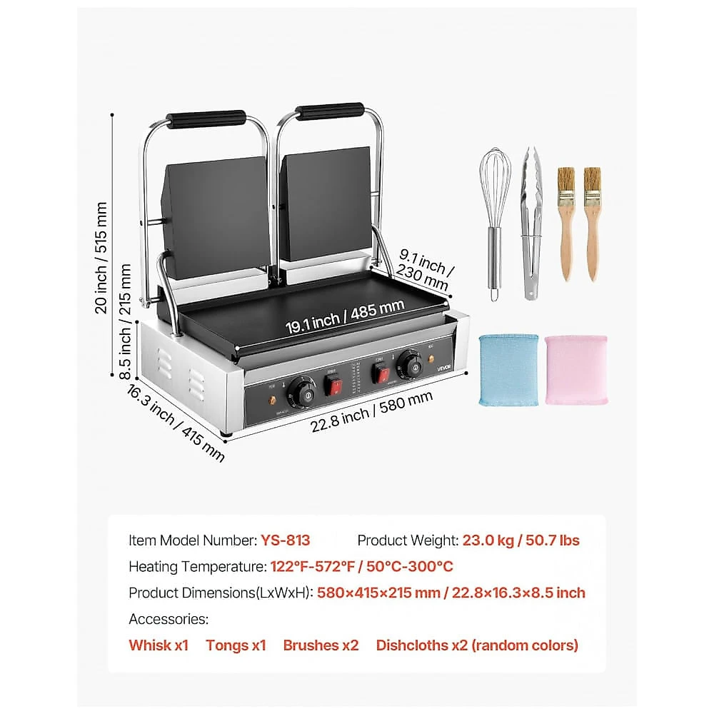 Grill de Panini Comercial VEVOR 3600W Chapa Plana Esmaltada Controle de Temperatura 110V
