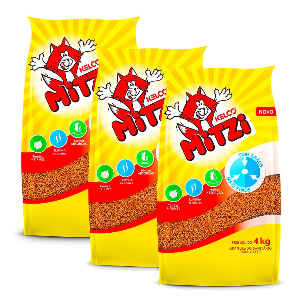 Kit 3 Granulado Sanitário Higiênico Mitzi Kelco para Gato 4kg