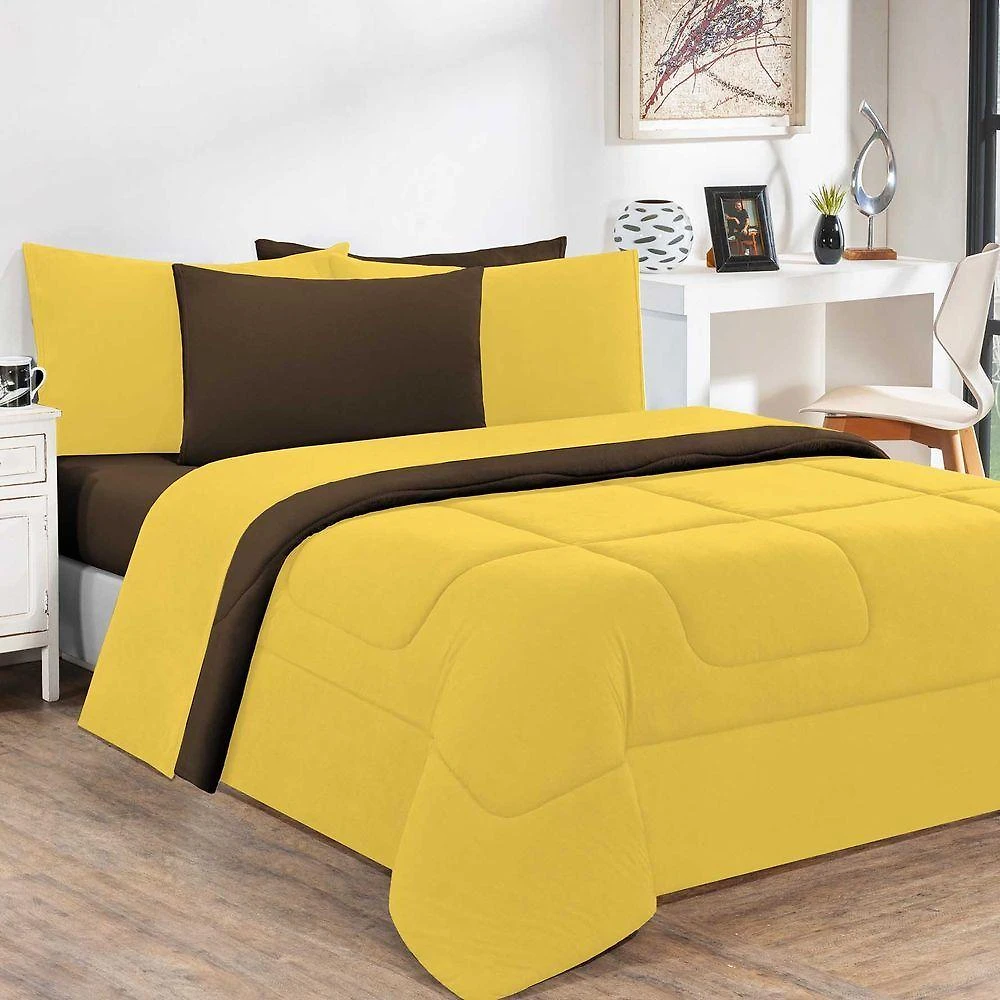 Kit Edredom + Jogo De Lençol Malha 100% Algodão Gran Moratta 6 Peças Queen - Amarelo-marrom
