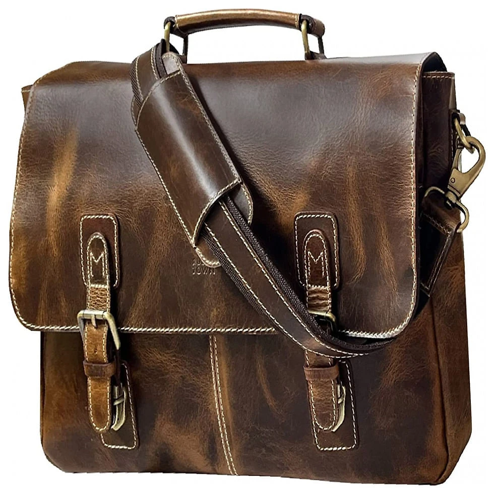 Bolsa Maleta RUSTIC TOWN Couro de Búfalo Unissex para Laptop , Marrom