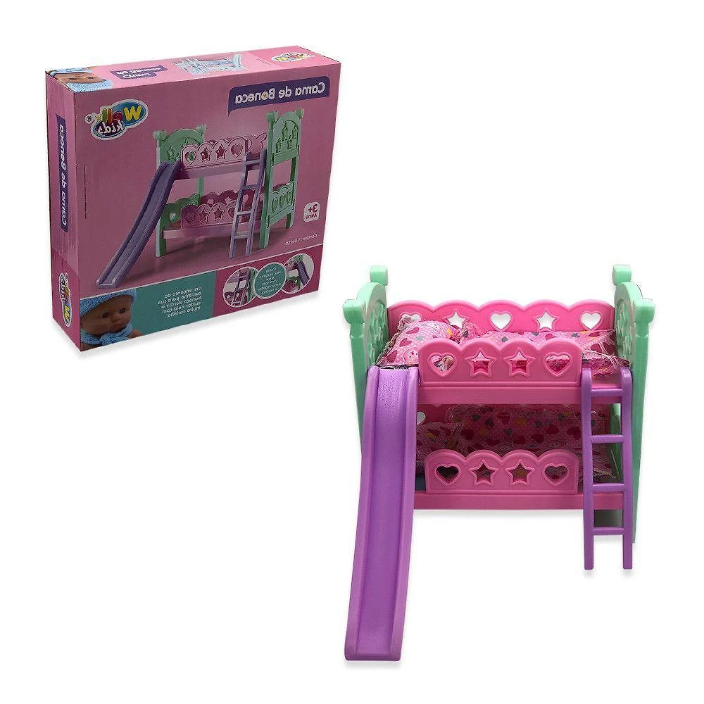 Berco de Brinquedo com Escorregador Beliche para Bonecas Rosa com Colchao Estampado Wellmix