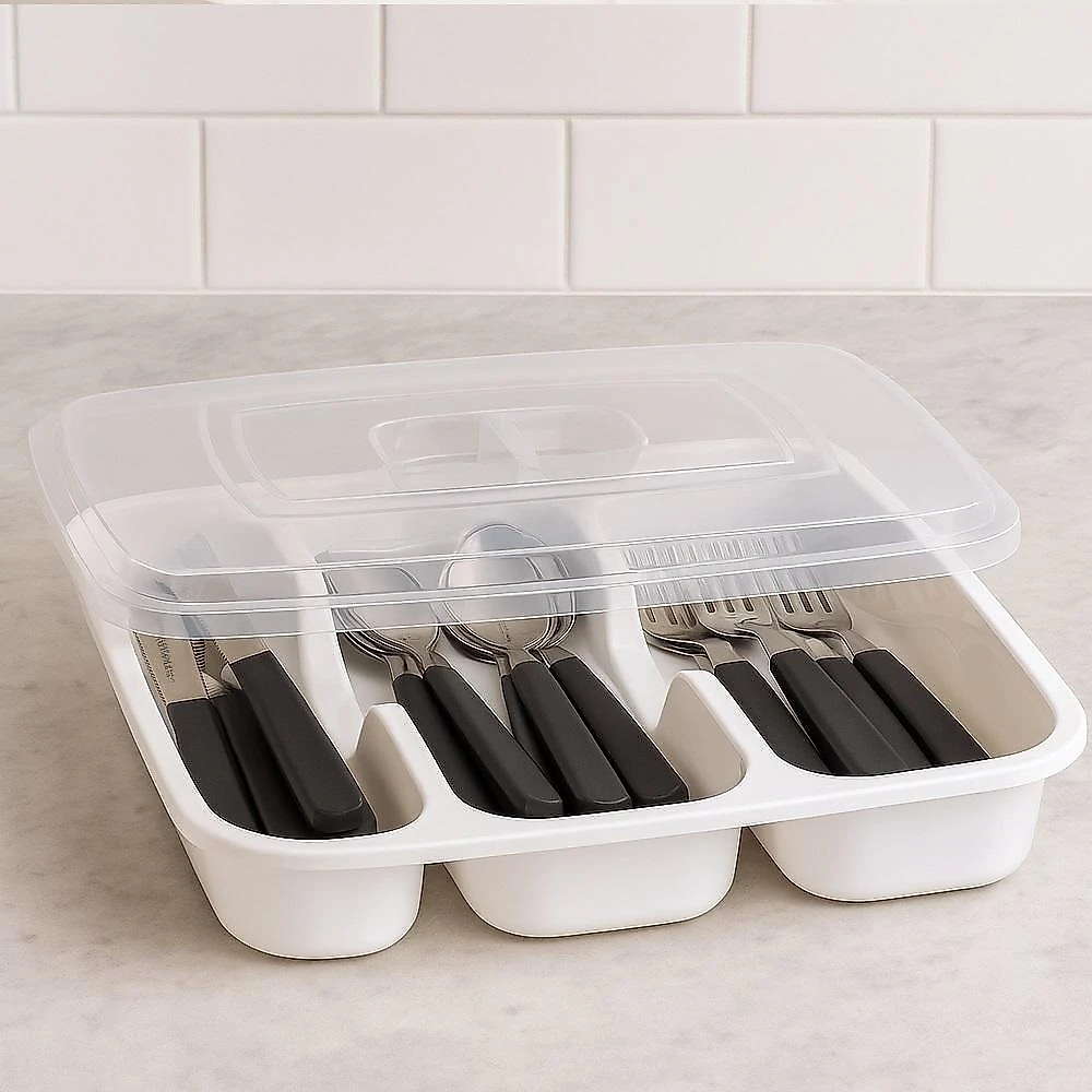 Organizador de Cozinha Porta Talheres com Tampa 4 Divisórias Plástico Resistente Alta Qualidade