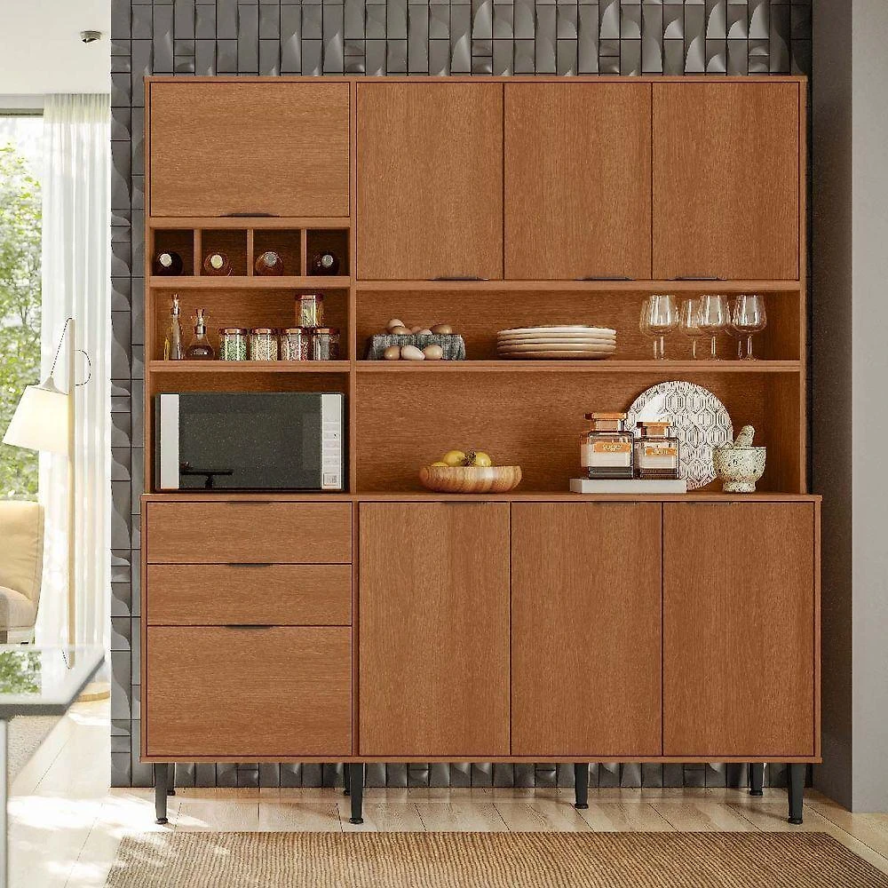 Armário De Cozinha 7 Portas 3 Gavetas E Adega Para 4 Garrafas Viena Jequitibá - Lukaliam