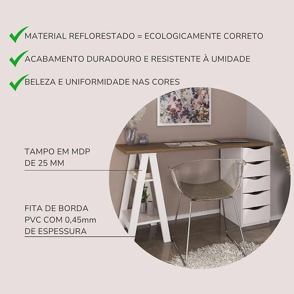 Kit 3 Peças com Escrivaninha Moderna com Pés de Cavalete, Armário com Nichos e Balcão 2 Portas Nogal/Branco