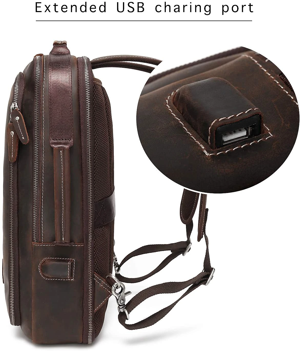 Lannsyne Mochila Unissex de Couro Genuíno para Laptop 40 cm Marrom