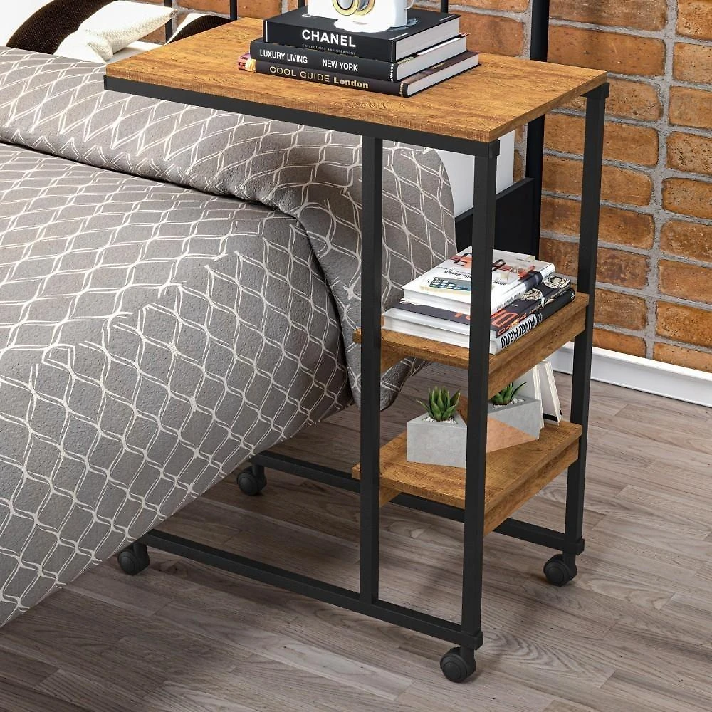 Mesa Industrial Auxiliar Para Cama Miti Preto E Canela