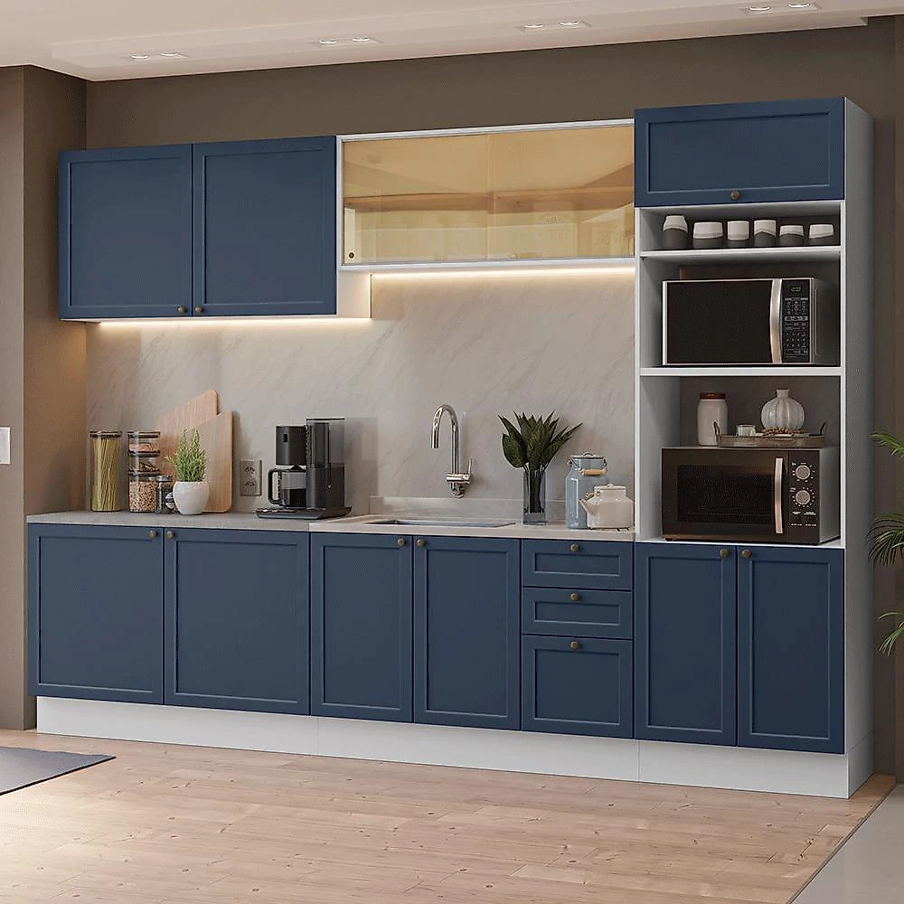 Armário de cozinha completa 310 cm branco/azul vik madesa 01