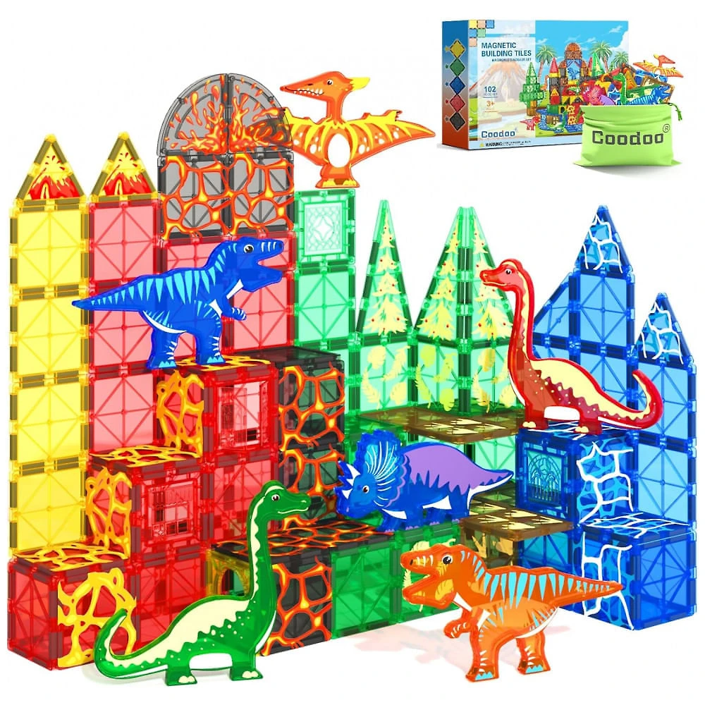 Conjunto de Blocos Magnéticos com Temática de Dinossauros - 102 peças, 8 Dinossauros, Cenários Jurássicos,Coodoo