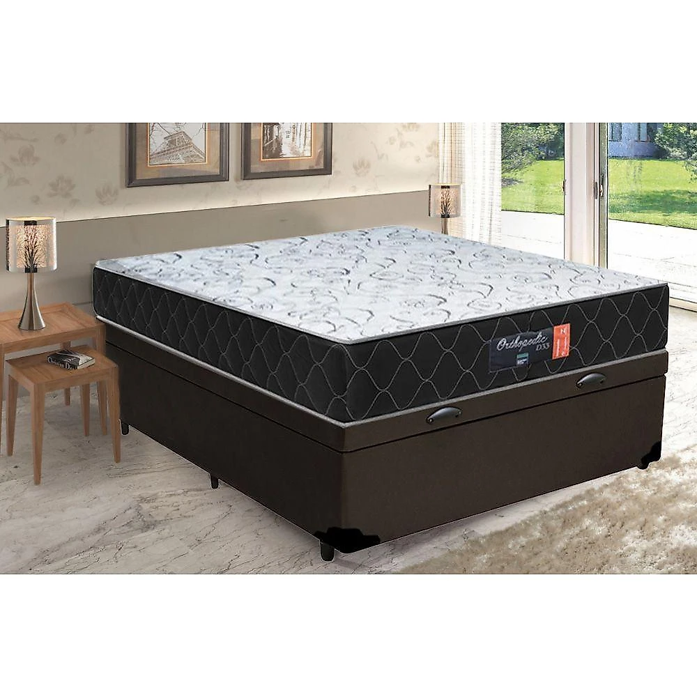 Cama Box Baú Casal + Colchão Semi Ortopédico Extra Firme Espuma D33 Prime Colchões 138x188x72 Marrom