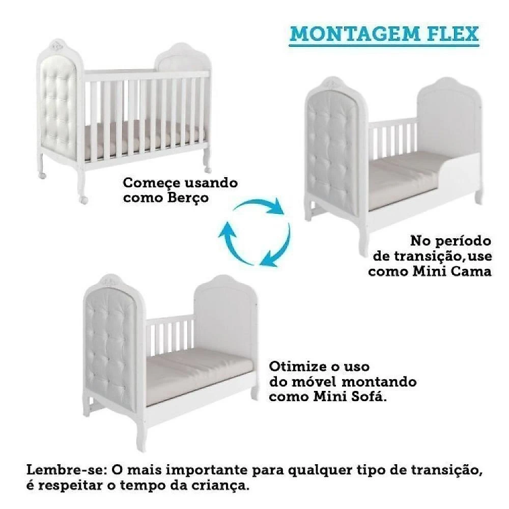 Quarto de Bebê Berço com Capitonê Guarda Roupa e Cômoda com Janela Maya Clássico Espresso Móveis Branco Brilho/Corino Branco