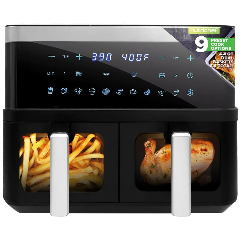 Fritadeira Elétrica Air Fryer com Cesta Dupla de 8 Litros e Display Digital Personalizado, 110V 1700W, NutriChef, Preta