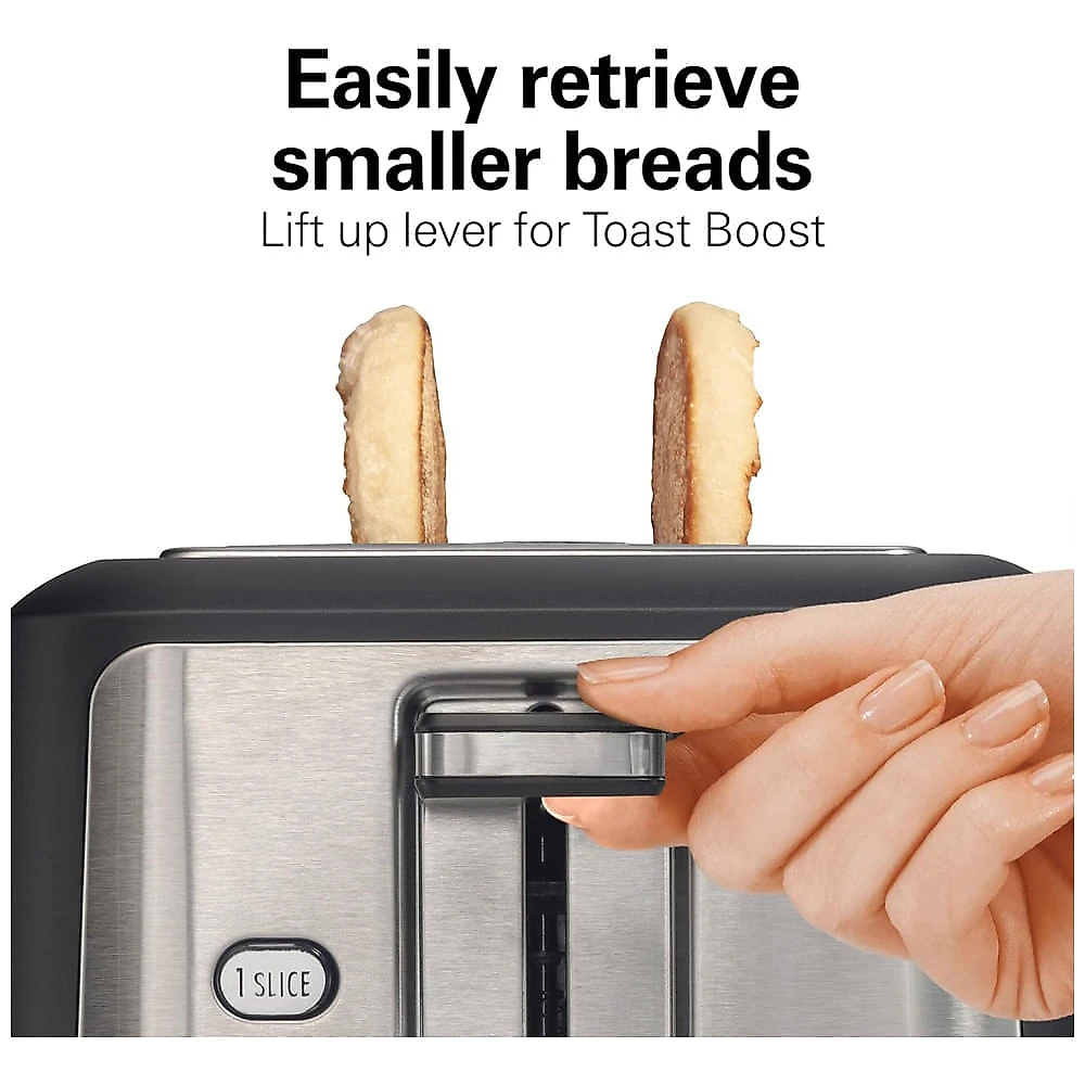 Torradeira Hamilton Beach Gourmet 2 Fatias com Slots de 30cm, Tecnologia SureToast, Seletor de Tostagem, Função Bagel, Preto Fosco e Aço