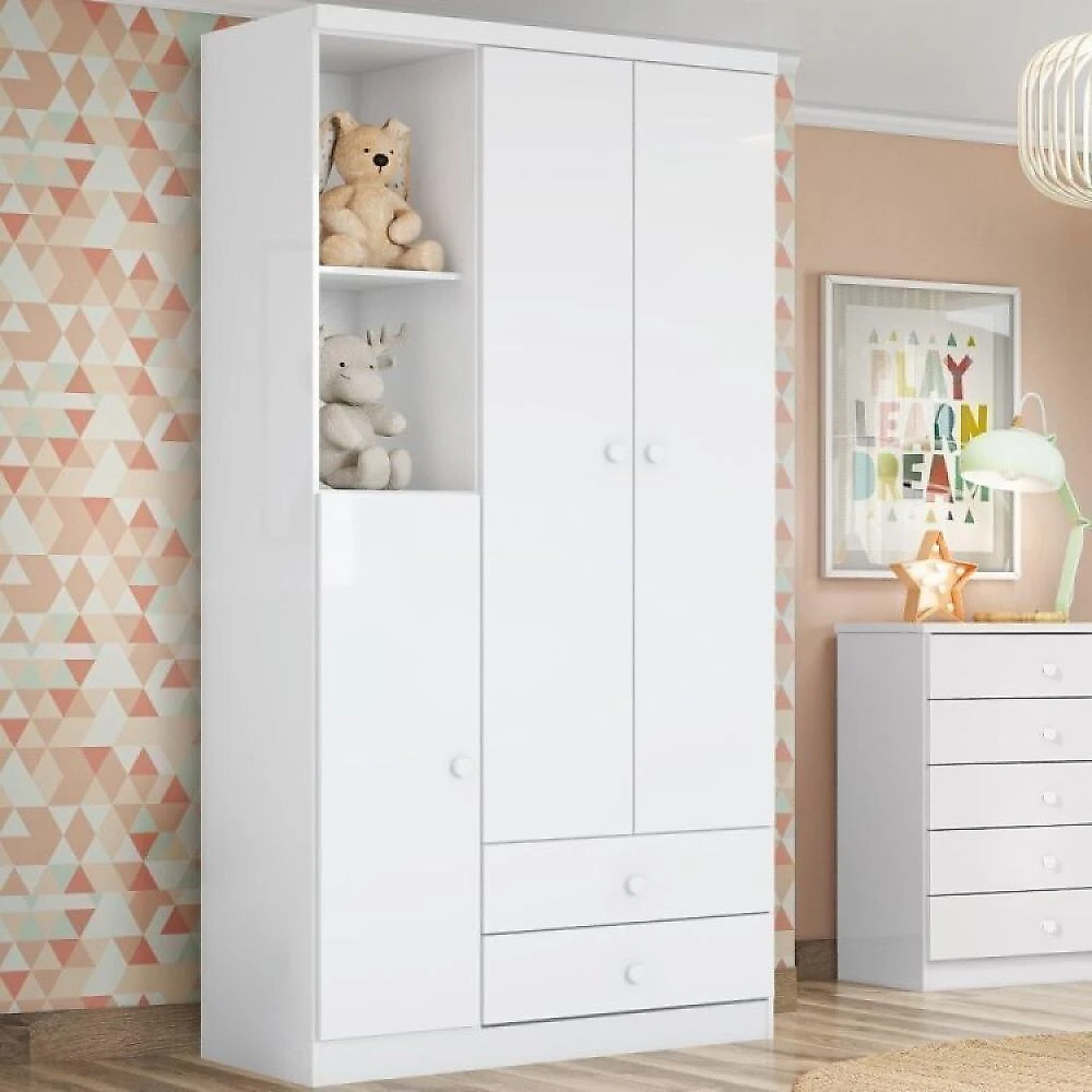 Quarto de Bebê com 1 Guarda Roupa 1 Cômoda e Berço 3 em 1 Abracadabra Espresso Móveis Branco