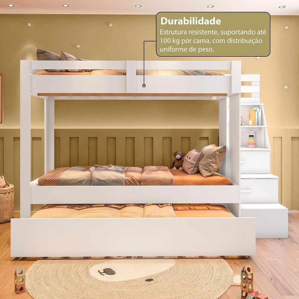 Beliche Infantil Juvenil com Cama Auxiliar Moon Branco
