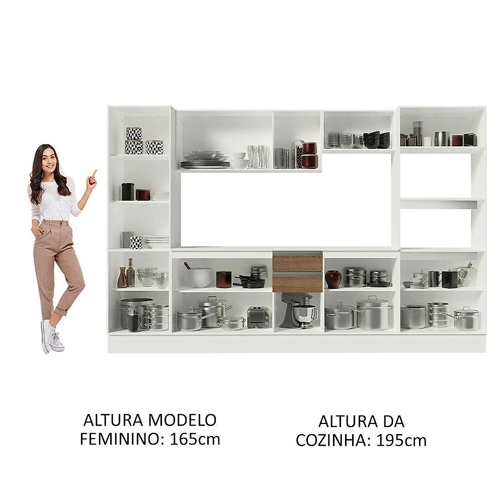 Armário de Cozinha Completa Madesa Smart 100% MDF 300 cm com Balcão e Tampo - Branco/Rustic Branco/Rustic/Crema