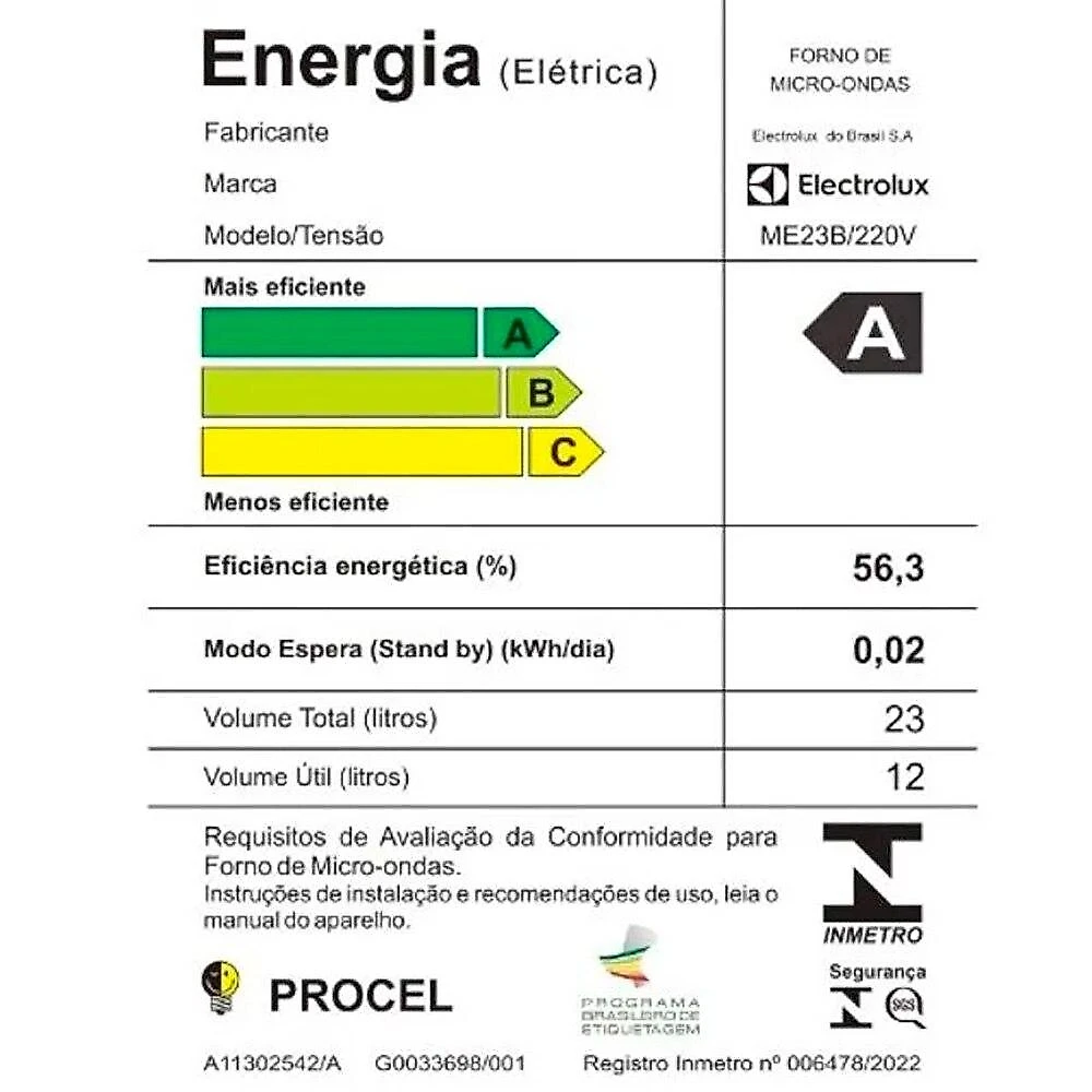 Micro-ondas Electrolux 23 Litros Efficient com Descongelamento Assistido ME23B Branco, 220 Volts