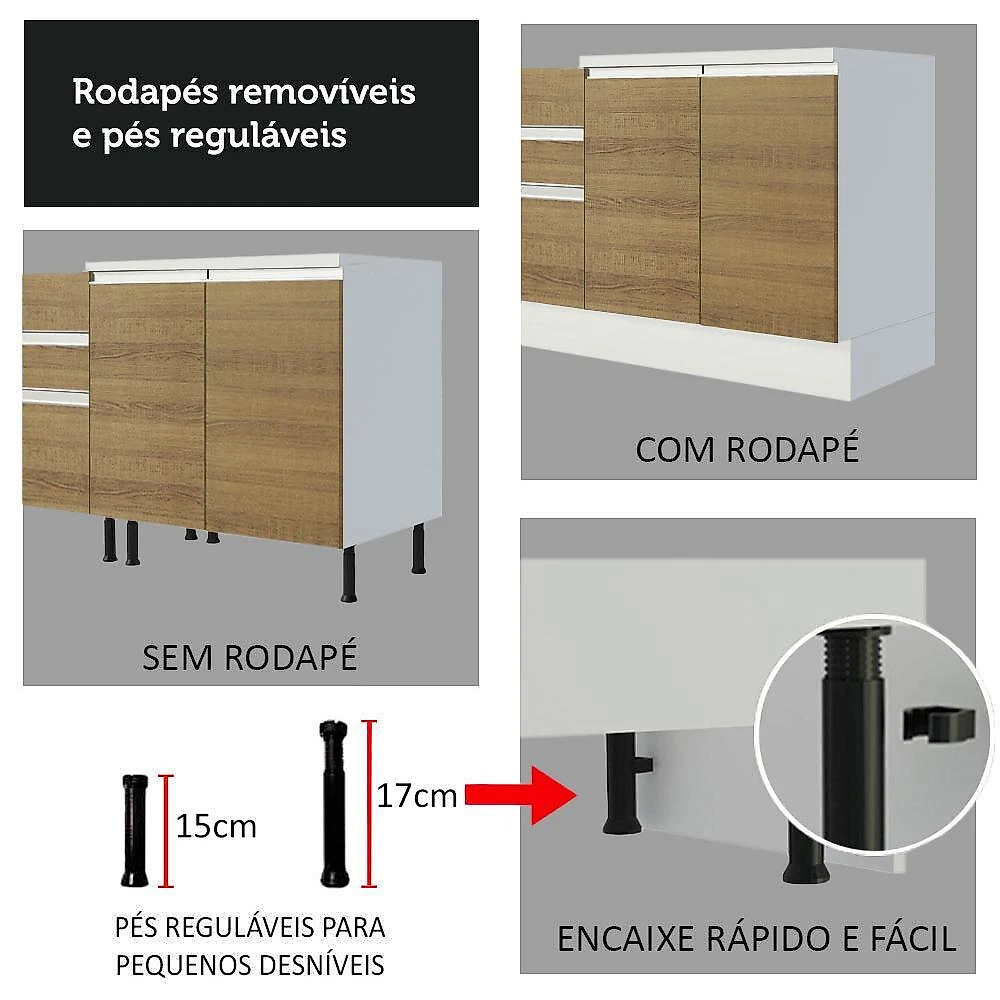 Armário de cozinha completa 100% mdf 300cm frentes smart madesa 02 branco
