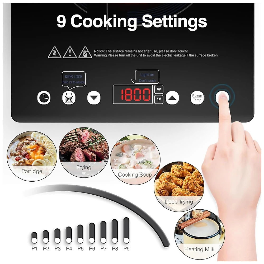 Cooktop Eltrico Porttil de Induo com 9 Nveis de Potncia, Trava para Crianas, Temporizador e Proteo Contra Superaquecimento, 110V 1800W, GIHETKUT, 110v