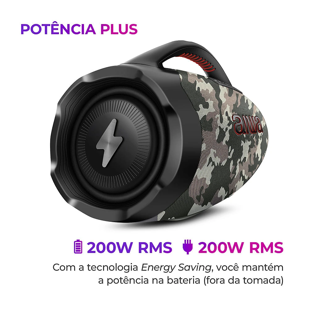 Miniatura Caixa de Som Boombox Plus AIWA BBS-01-BG 200W BT 30H IP66 USB Cinza BOOMBOX AWS-BBS-01-BG BIVOLT