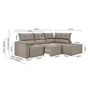 Sofá de Canto 5 Lugares Luizzi Santorini 230cm Retrátil Chaise Veludo Capuccino