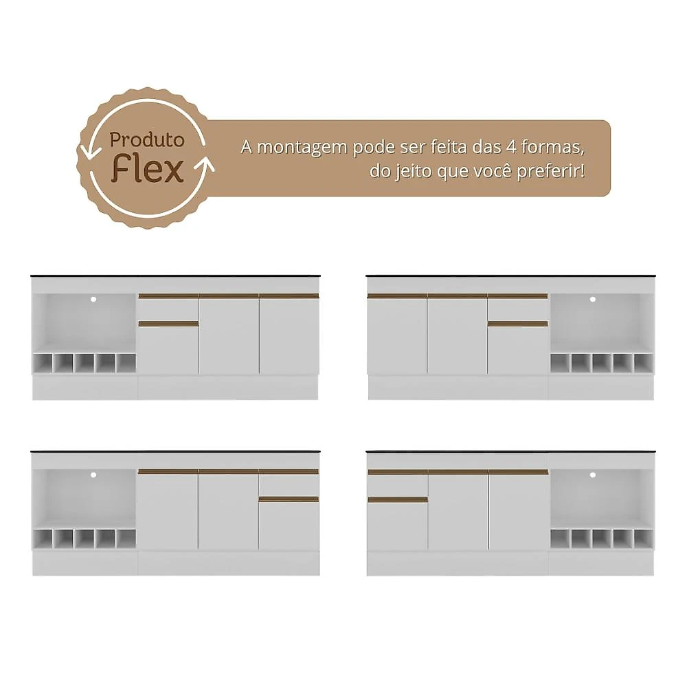 Armário de Cozinha Modulada Completa com Balcão e Rodapé 190cm Veneza Multimóveis MP2454 Cozinha Modulada Completa 190cm Veneza Multimóveis MP2454 - Branco