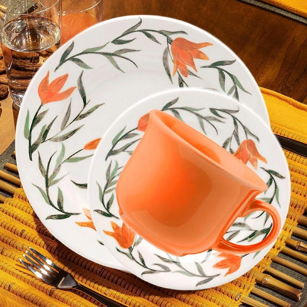 Jogo de Café e Lanche Donna Lírios 12 Peças Cerâmica para Mesa Posta Branco Oxford
