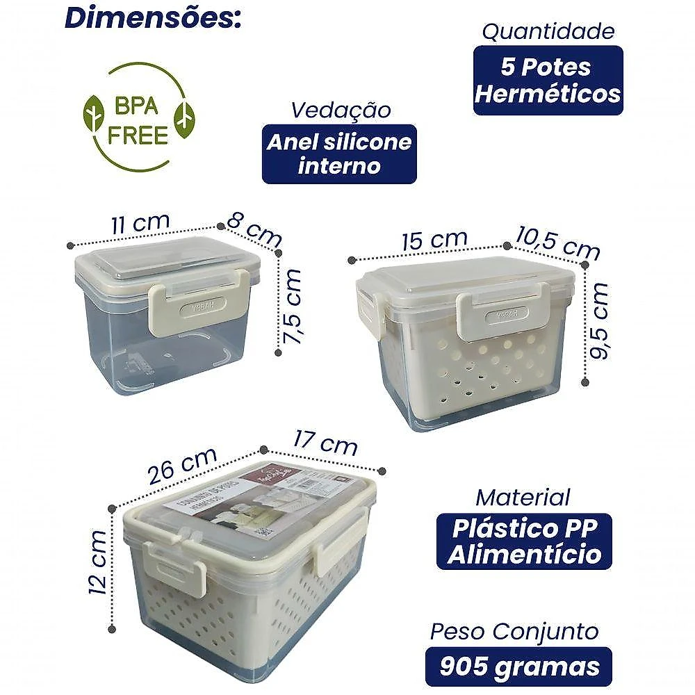 Conjunto 5 Potes Herméticos Translúcido com Cesto Escorredor Bpa Free Top Rio Comercial